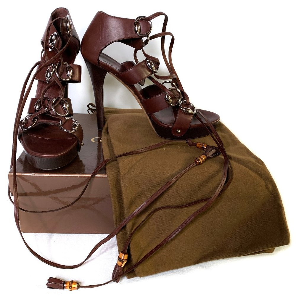 GUCCI Brown Leather Gladiator Sandals Bamboo lace up closure Platform 10
